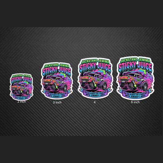 Set of four colorful stickers with 'Sticky Juice' branding on a black background