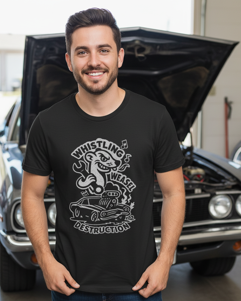 Man wearing a black t-shirt with graphic design of a cartoon weasel holding a wrench behind a flame-spitting muscle car with “Whistling Weasel Destruction” text in front of a classic car.
