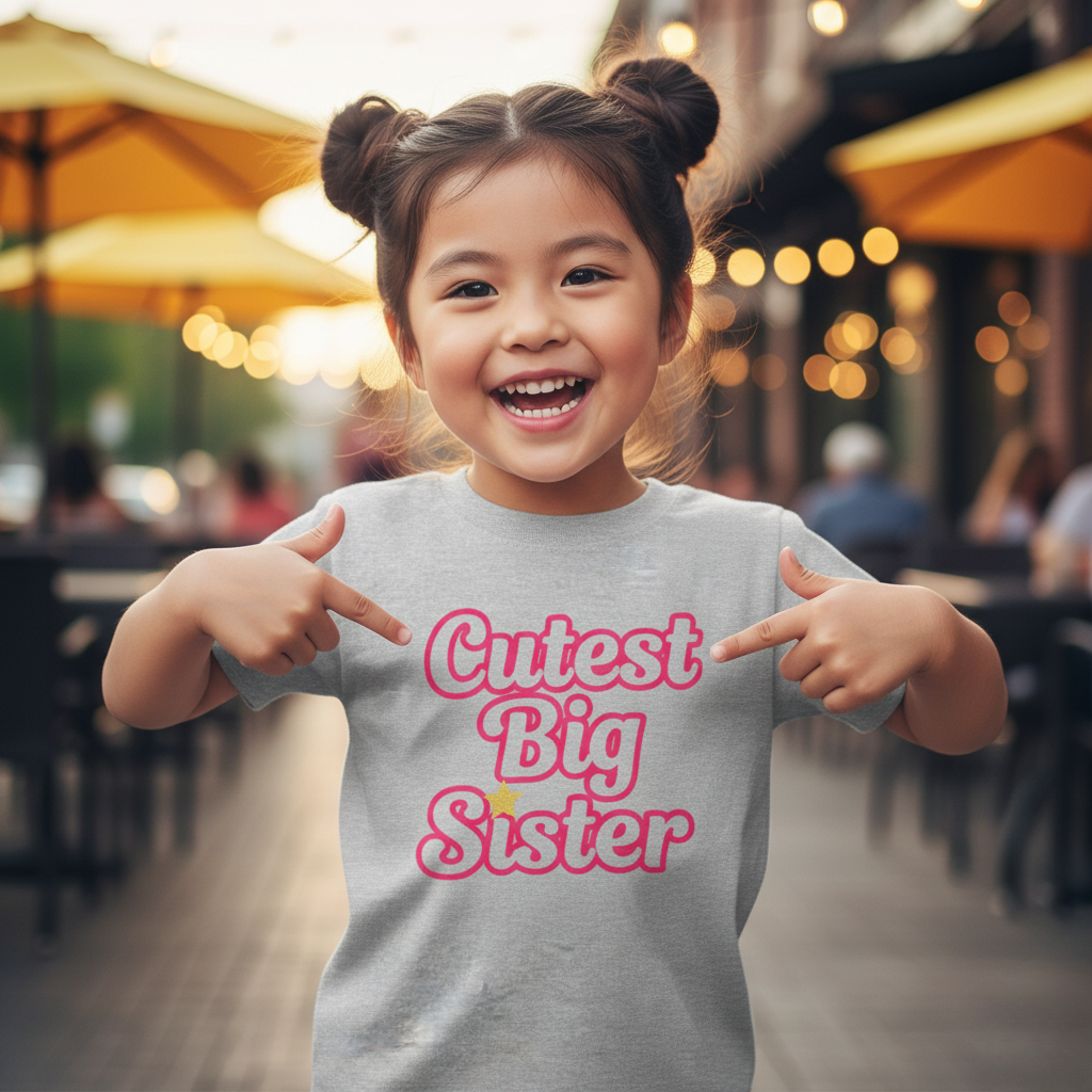 Cutest Big Sister T-Shirt - Playful Retro Outline Design for Girls - Hot Pink, Navy, & Teal Options