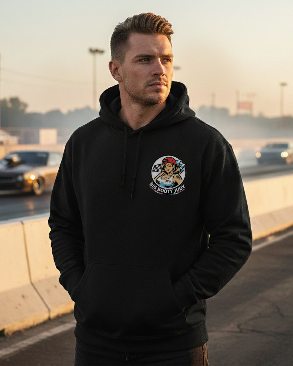 Man wearing a black hoodie with a 'Big Booty Judy' logo on a race track