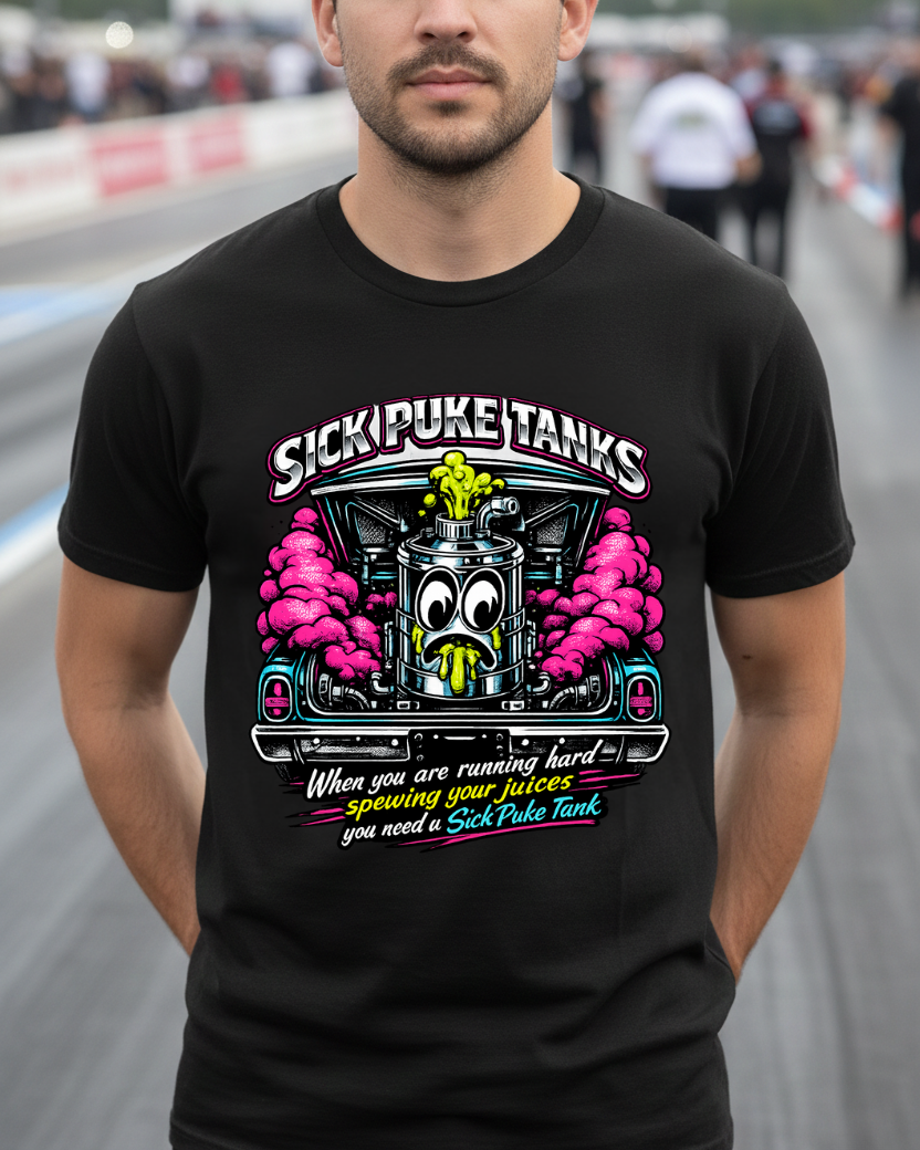 Man wearing a black Bella+Canvas 3001 t-shirt with a graphic design and 'Sick Puke Tanks When you are running hard spewing your juices you need a Sick Puke Tank' text standing at a drag strip
