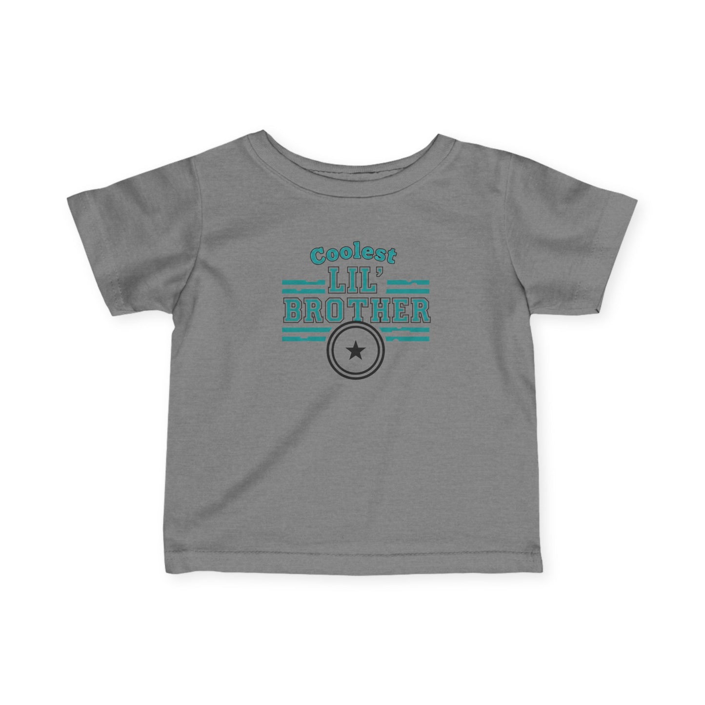 Gray t-shirt with 'Coolest Lil' Brother' text on a white background