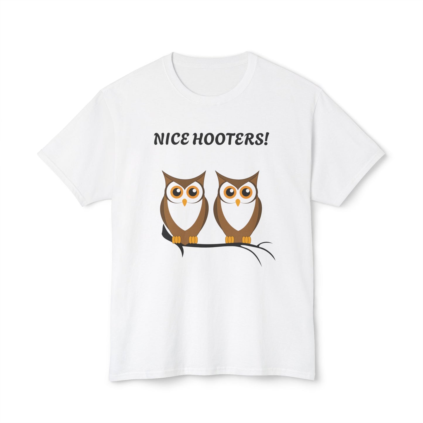 White t-shirt with owls and 'Nice Hooters!' text on a white background