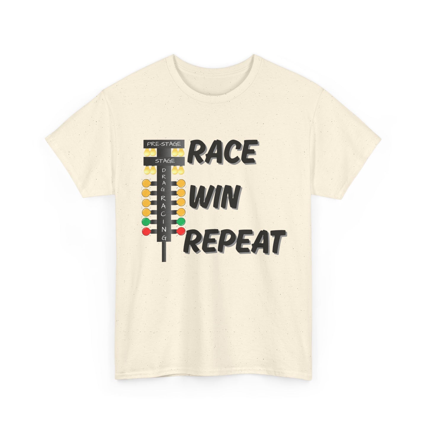 Beige t-shirt with race-themed graphic and text 'Race Win Repeat' on a white background