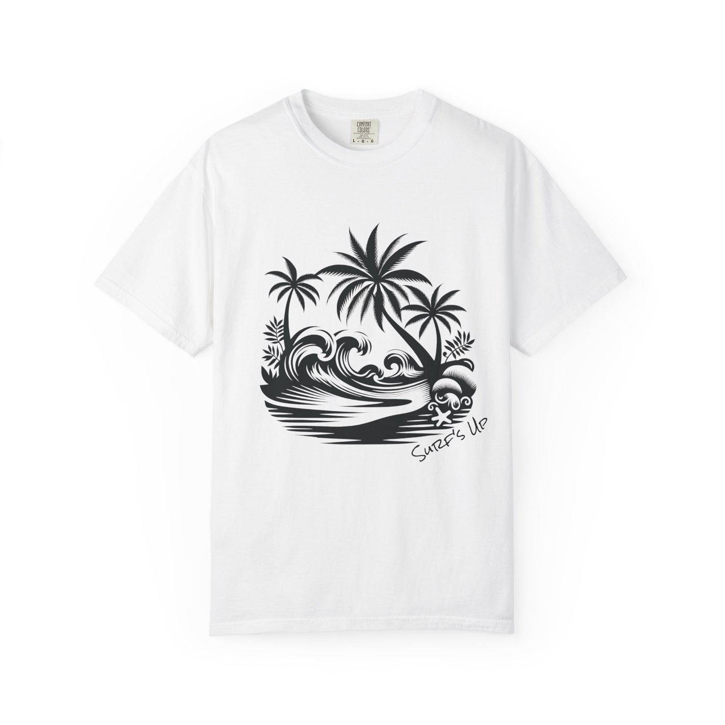 White t-shirt with black palm tree and wave design on a white background