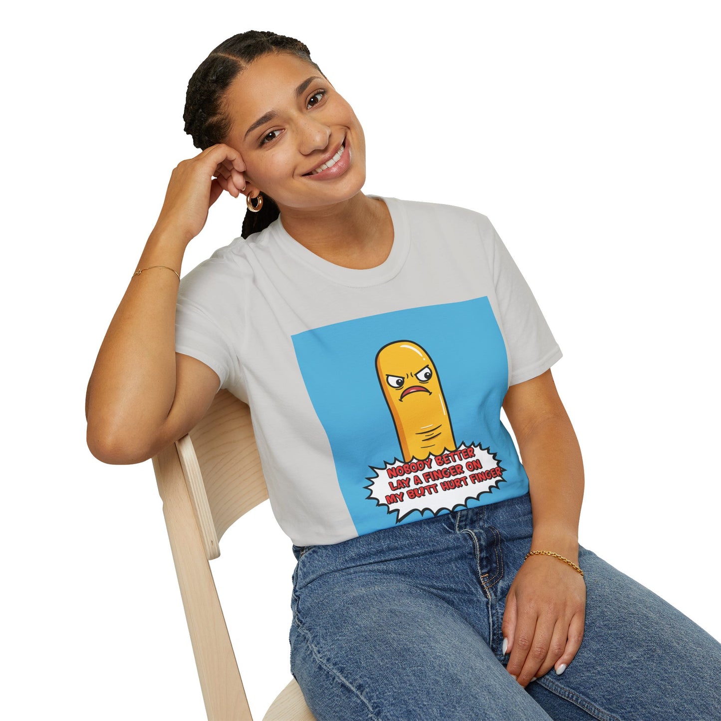 Person wearing a t-shirt with a cartoon character design and text 'Nobody better lay a finger on my butt hurt finger' on a white background