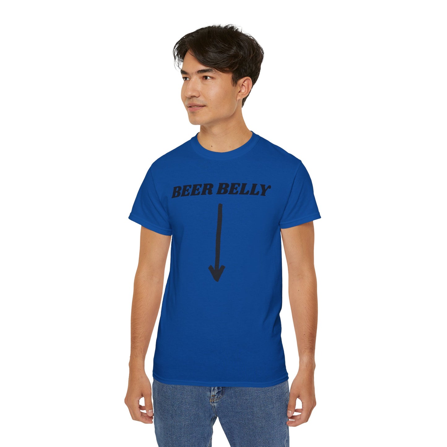 Person wearing a blue t-shirt with 'BEER BELLY' text and arrow graphic on a white background