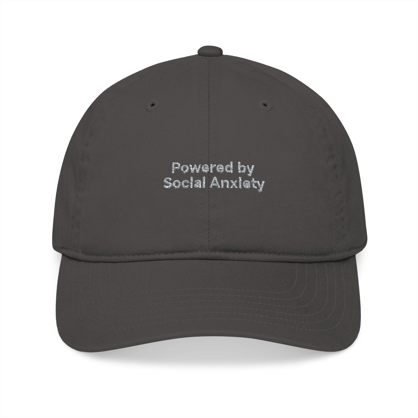 Dark gray cap with 'Powered by Social Anxiety' text on a white background
