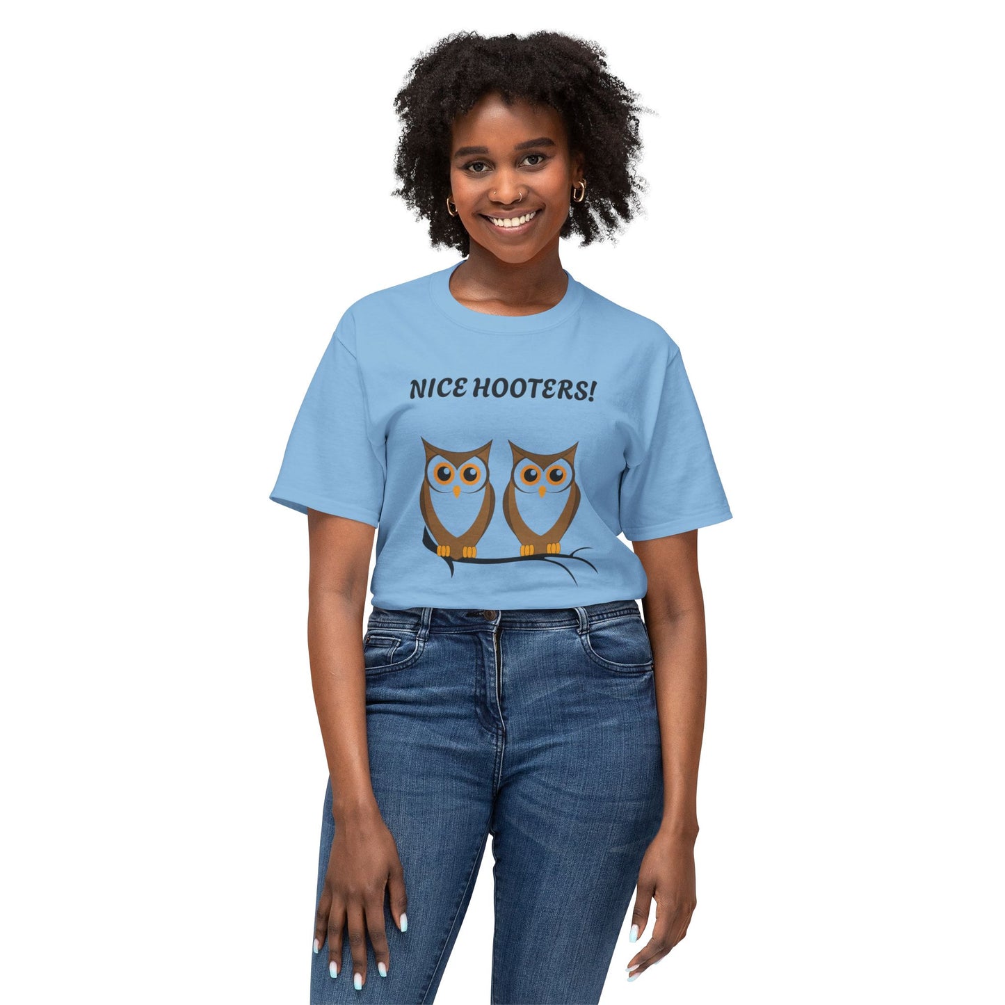 Person wearing a blue t-shirt with owl graphics and text 'Nice Hooters!' on a white background