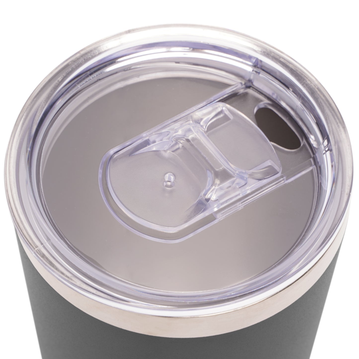 Gray tumbler with a clear lid on a white background
