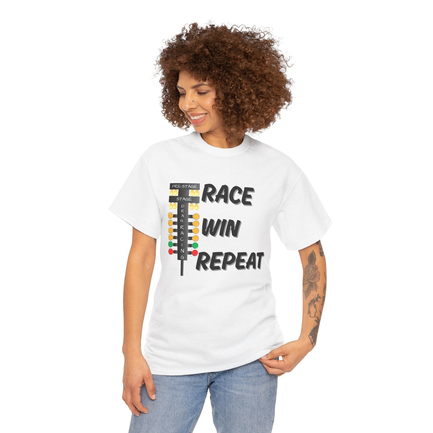 Woman wearing a white t-shirt with 'Race Win Repeat' design on a white background