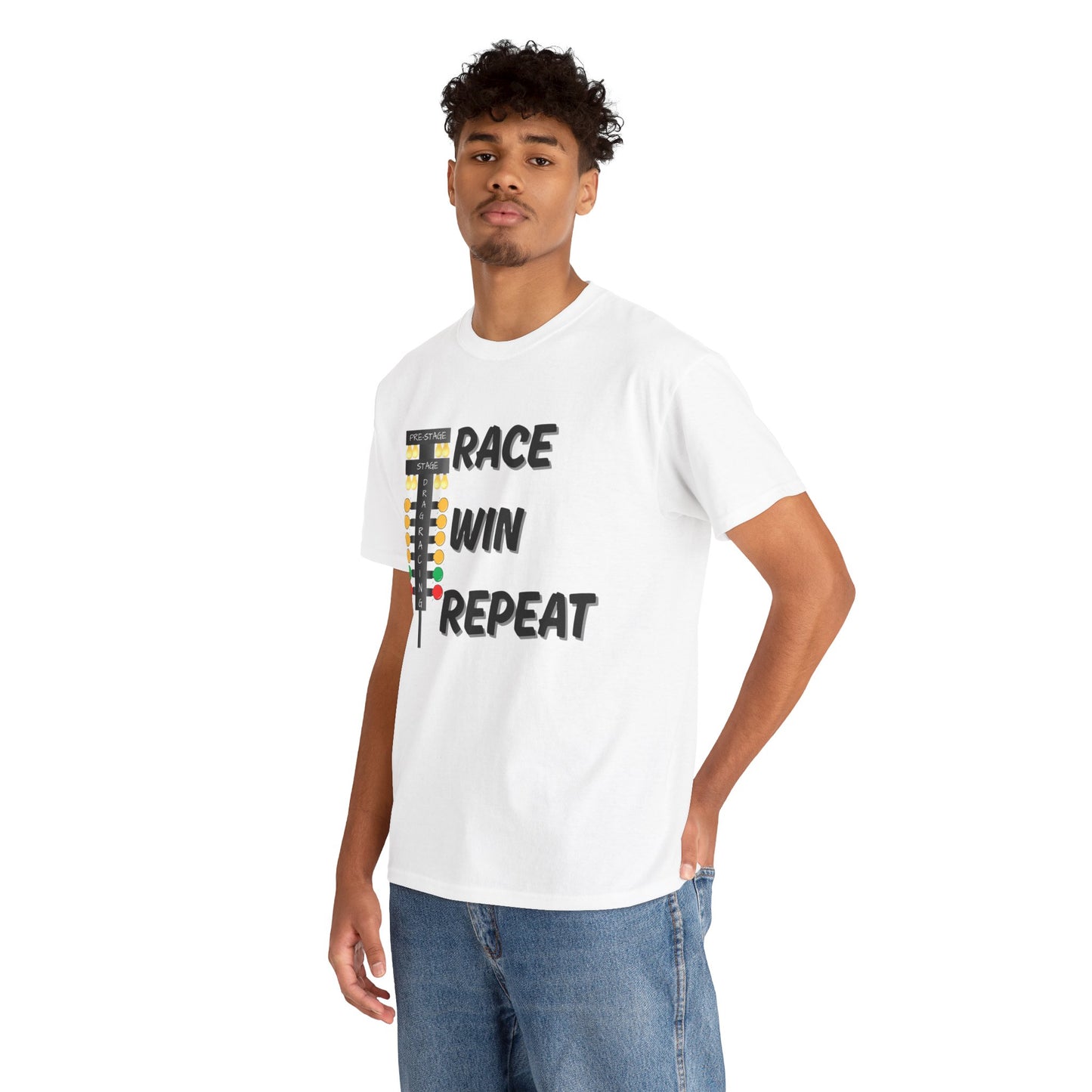 Person wearing a white t-shirt with 'Race Win Repeat' text design on a white background