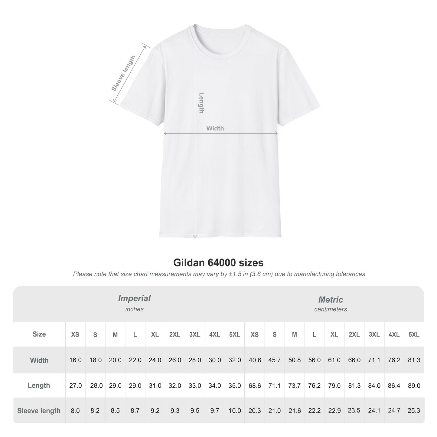 Gildan 64000 t-shirt sizing chart
