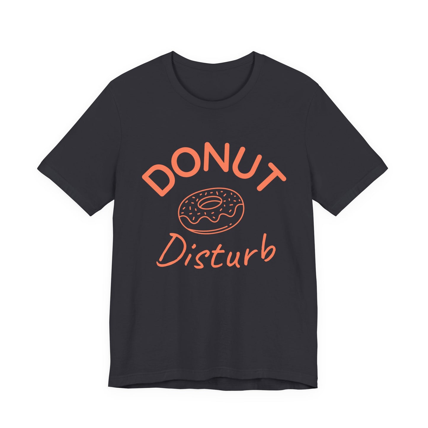 Black t-shirt with 'DONUT Disturb' text and donut graphic on a white background