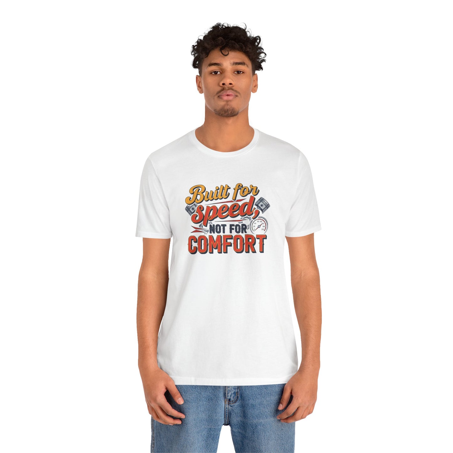 Person wearing a white t-shirt with text design on a white background