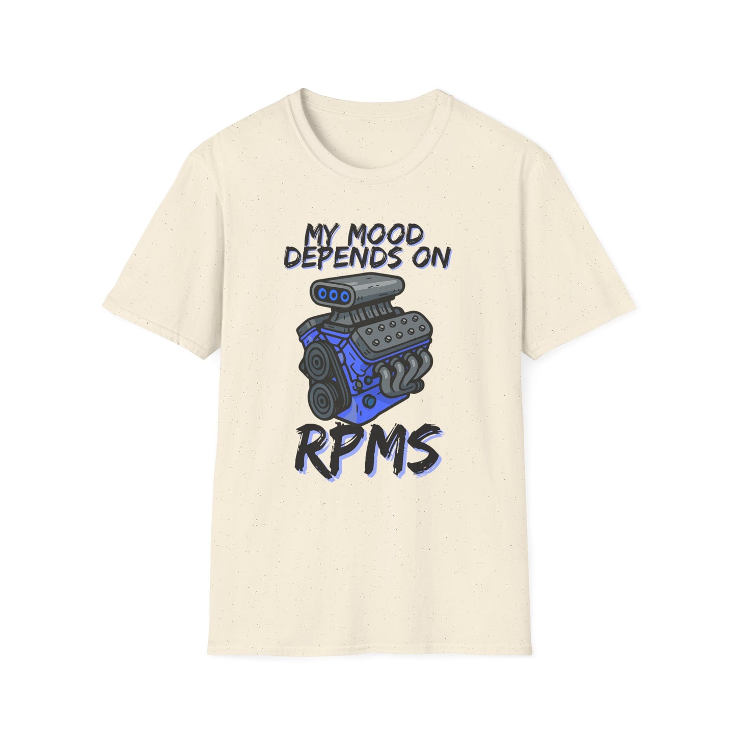 Beige t-shirt with a graphic of an engine and text on a white background