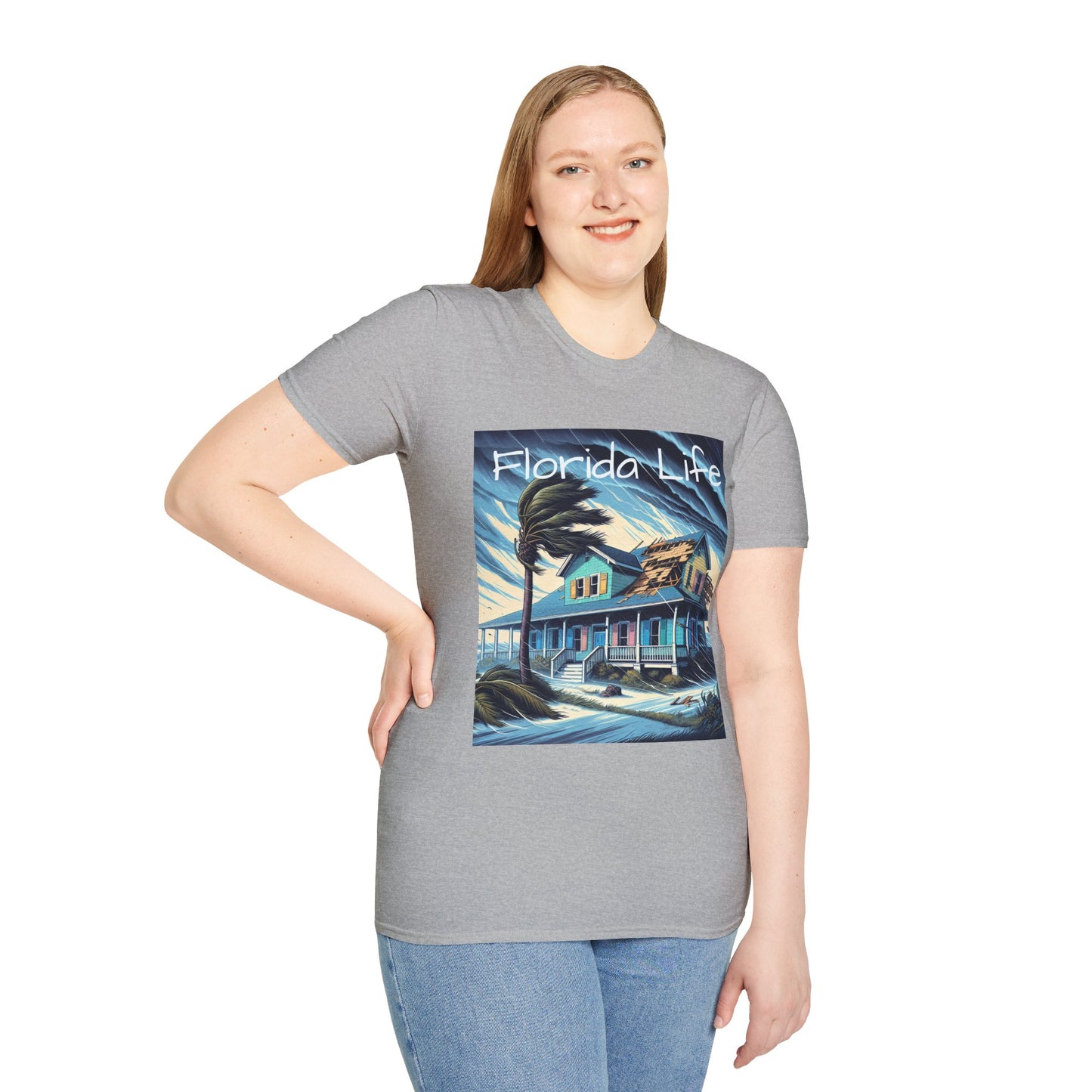 Woman wearing a gray t-shirt with a 'Florida Life' graphic design on a white background
