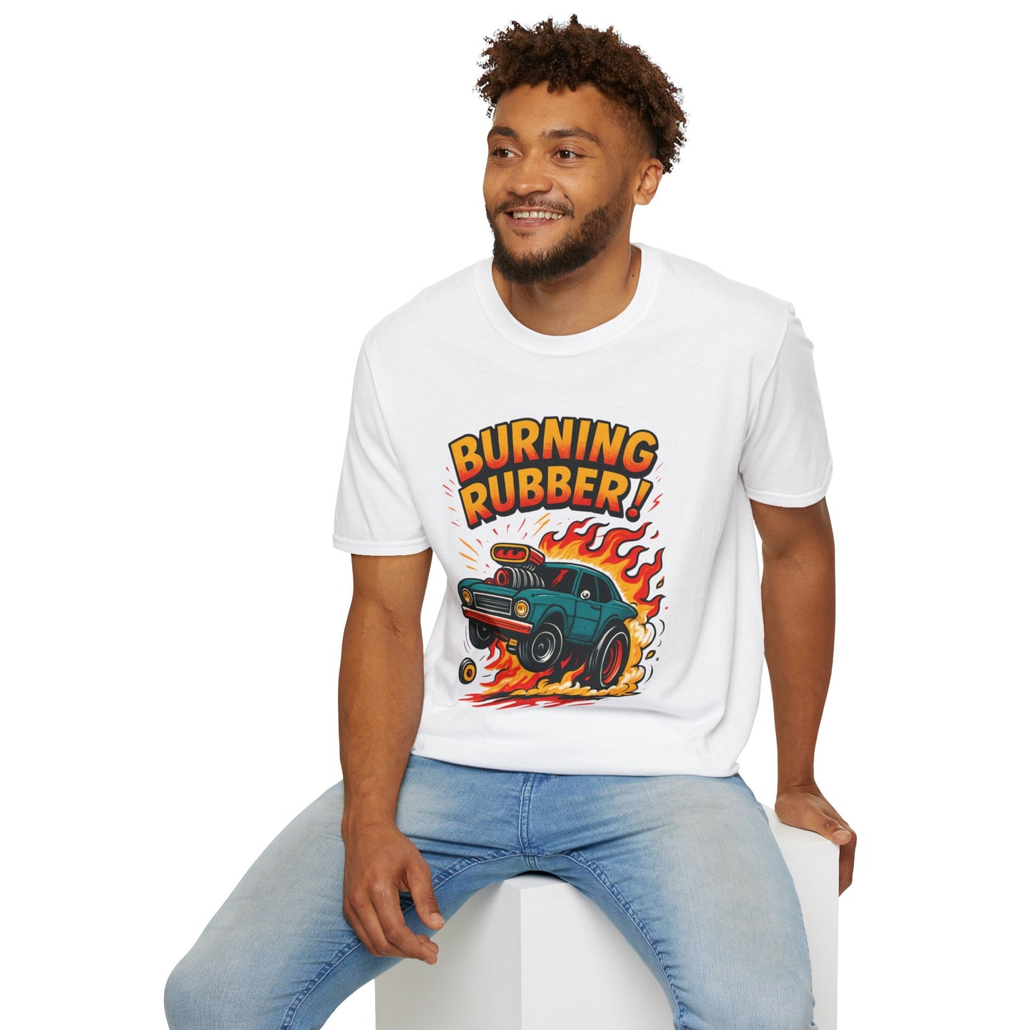 Man wearing a white t-shirt with 'Burning Rubber!' graphic design on a white background