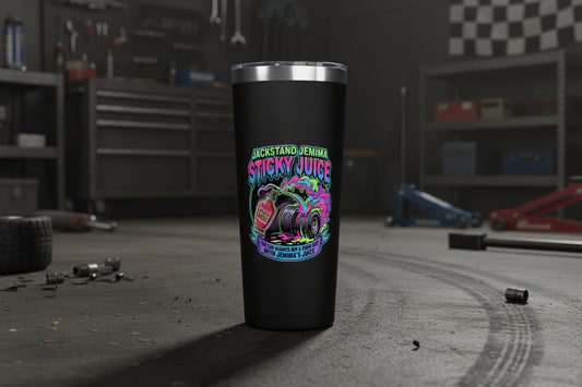 Black 22 oz tumbler with a colorful burnout graphic showing a racing tire smoking beside a bottle labeled ‘Sticky Juice,’ with the text ‘Jackstand Jemima Sticky Juice’ above it.