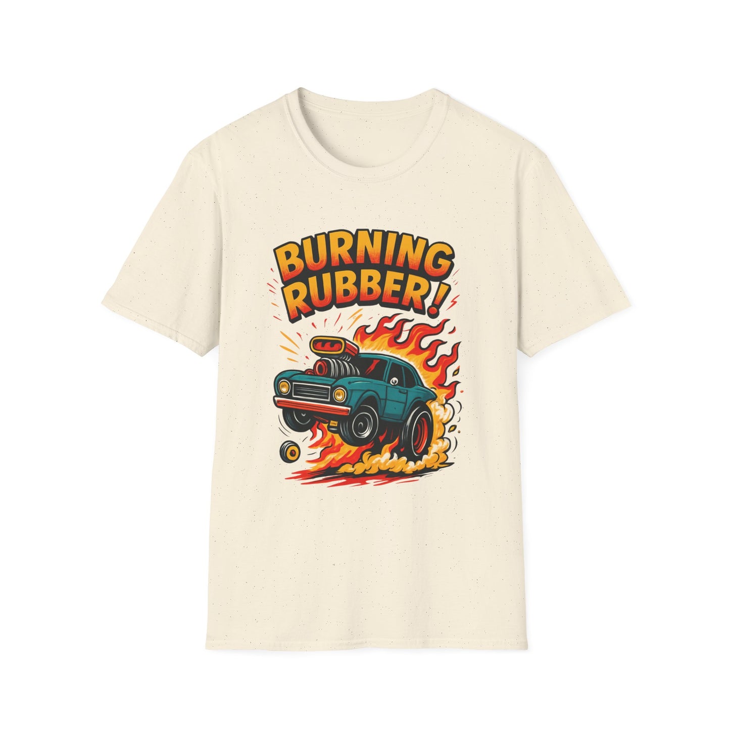 Beige t-shirt with a graphic of a car and 'Burning Rubber!' text on a white background