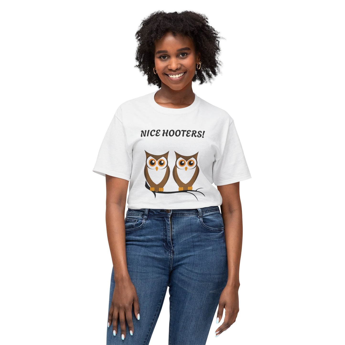 Woman wearing a white t-shirt with owl graphics and text 'Nice Hooters!', standing against a white background