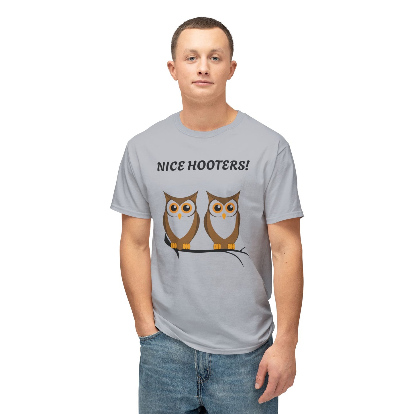 Person wearing a gray t-shirt with owls and text 'Nice Hooters!' on a white background