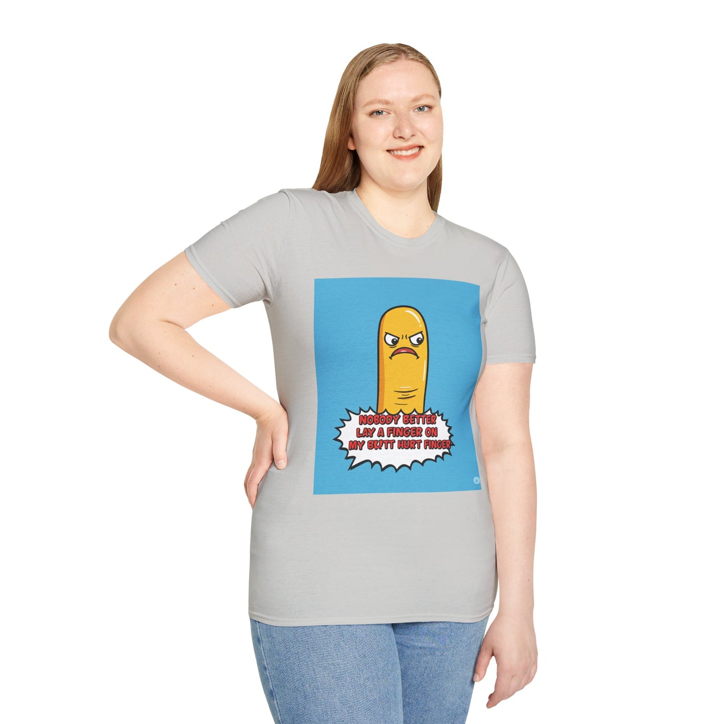 Person wearing a gray t-shirt with a cartoon character and text 'Nobody better lay a finger on my butt hurt finger' on a white background