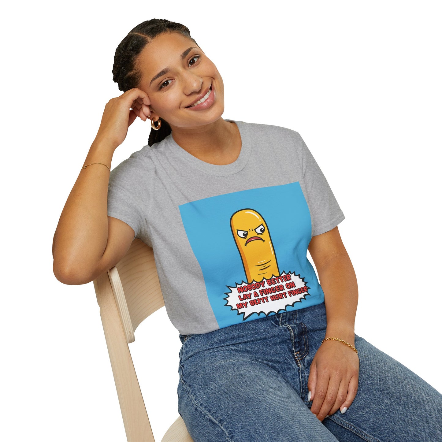 Person wearing a gray t-shirt with a cartoon character graphic and text 'Nobody better lay a finger on my butt hurt finger' on a white background