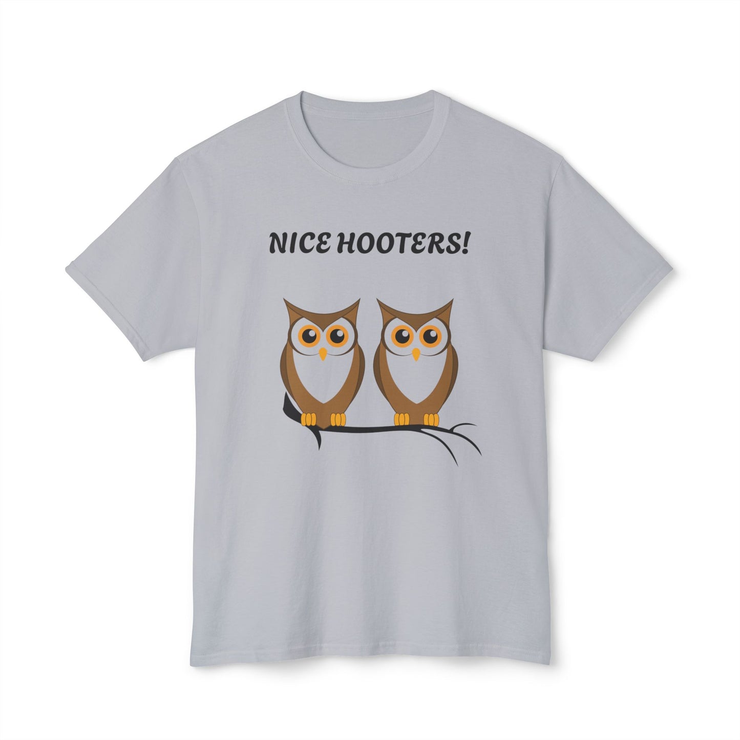 Gray t-shirt with cartoon owls and 'Nice Hooters!' text on a white background