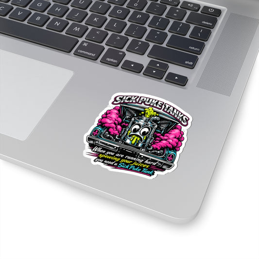 A colorful “Sick Puke Tank” kiss‑cut sticker featuring a bold, cartoon‑style engine puke tank with neon accents and playful lettering. The design has a bright, high‑contrast motorsport aesthetic and a clean white border around the edges, placed on a laptop hand rest