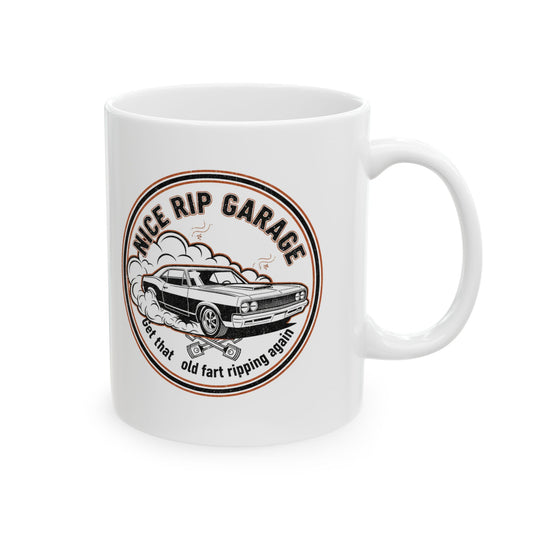 White mug with 'Nice Rip Garage' graphic featuring a car and text on a white background