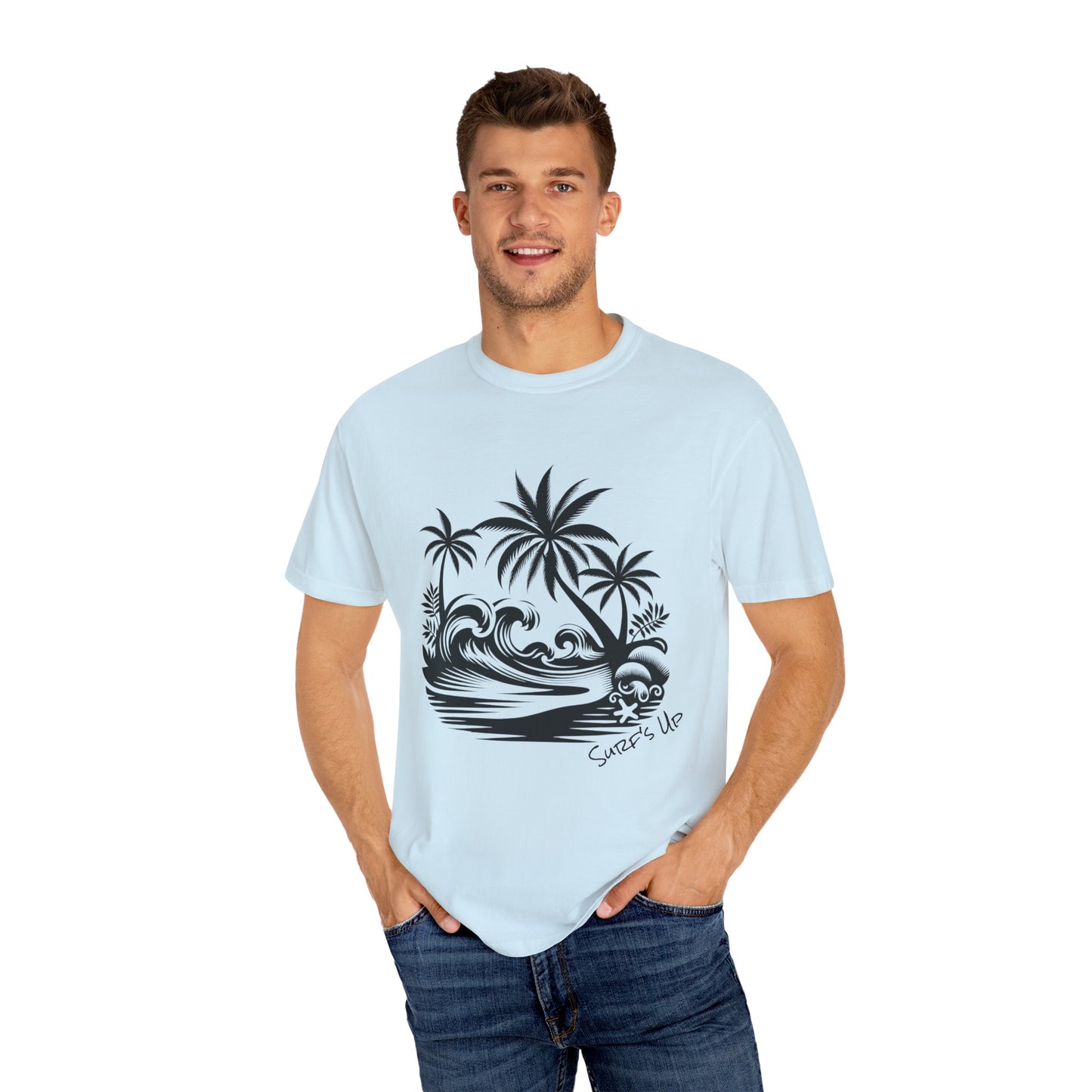 Man wearing a light blue t-shirt with a black palm tree and wave design on a white background