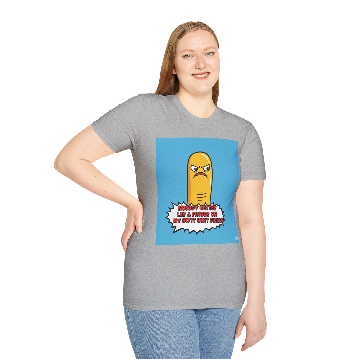 Person wearing a gray t-shirt with a cartoon character graphic and text 'Nobody better lay a finger on my butt hurt finger' on a white background