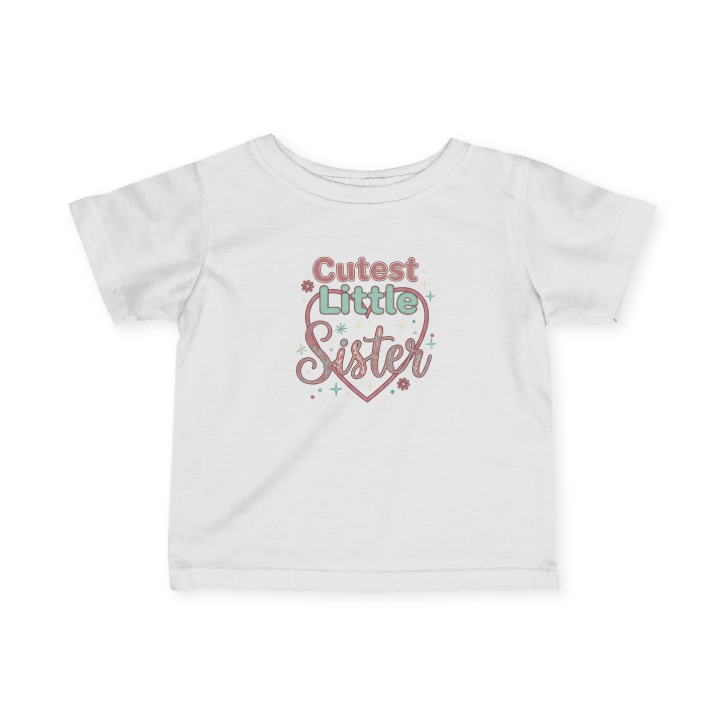 White t-shirt with 'Cutest Little Sister' text on a white background