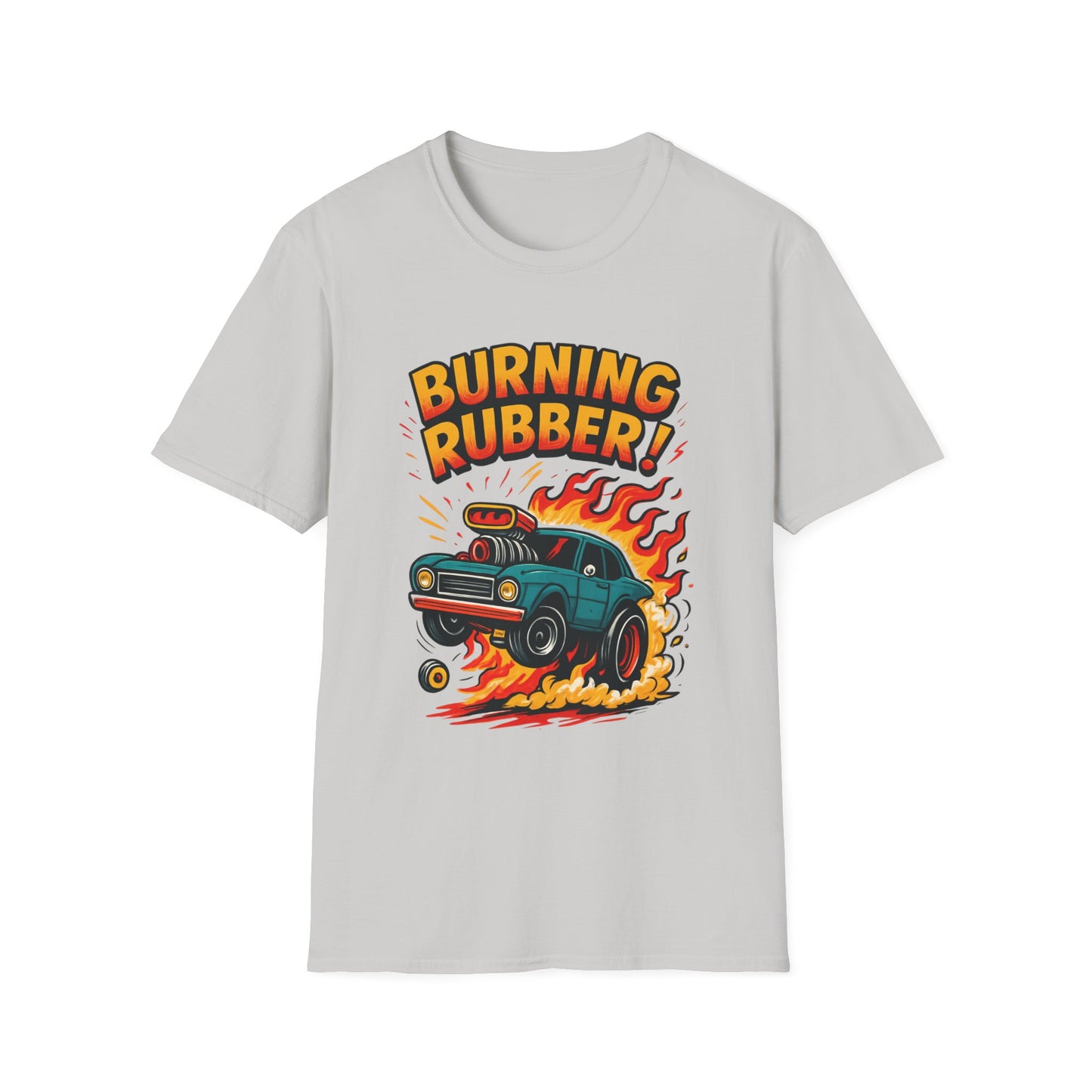 White t-shirt with 'Burning Rubber!' graphic design on a white background