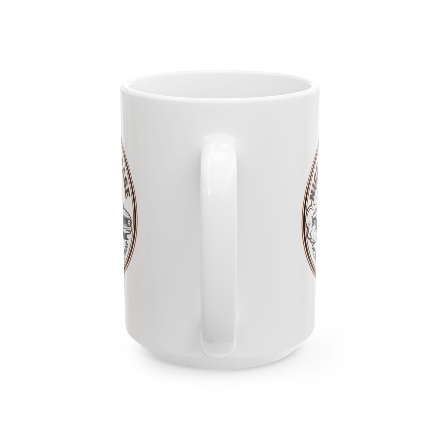 White mug with a logo on a white background