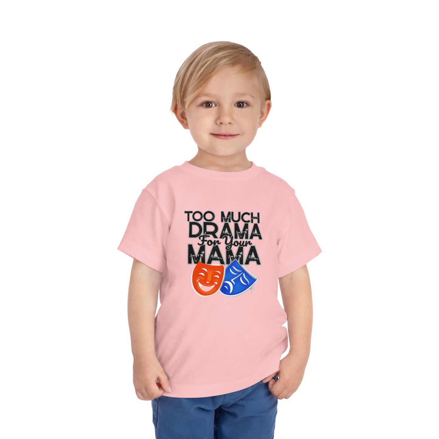 Child wearing a pink t-shirt with 'Too much drama for your mama' text and theater masks on a white background
