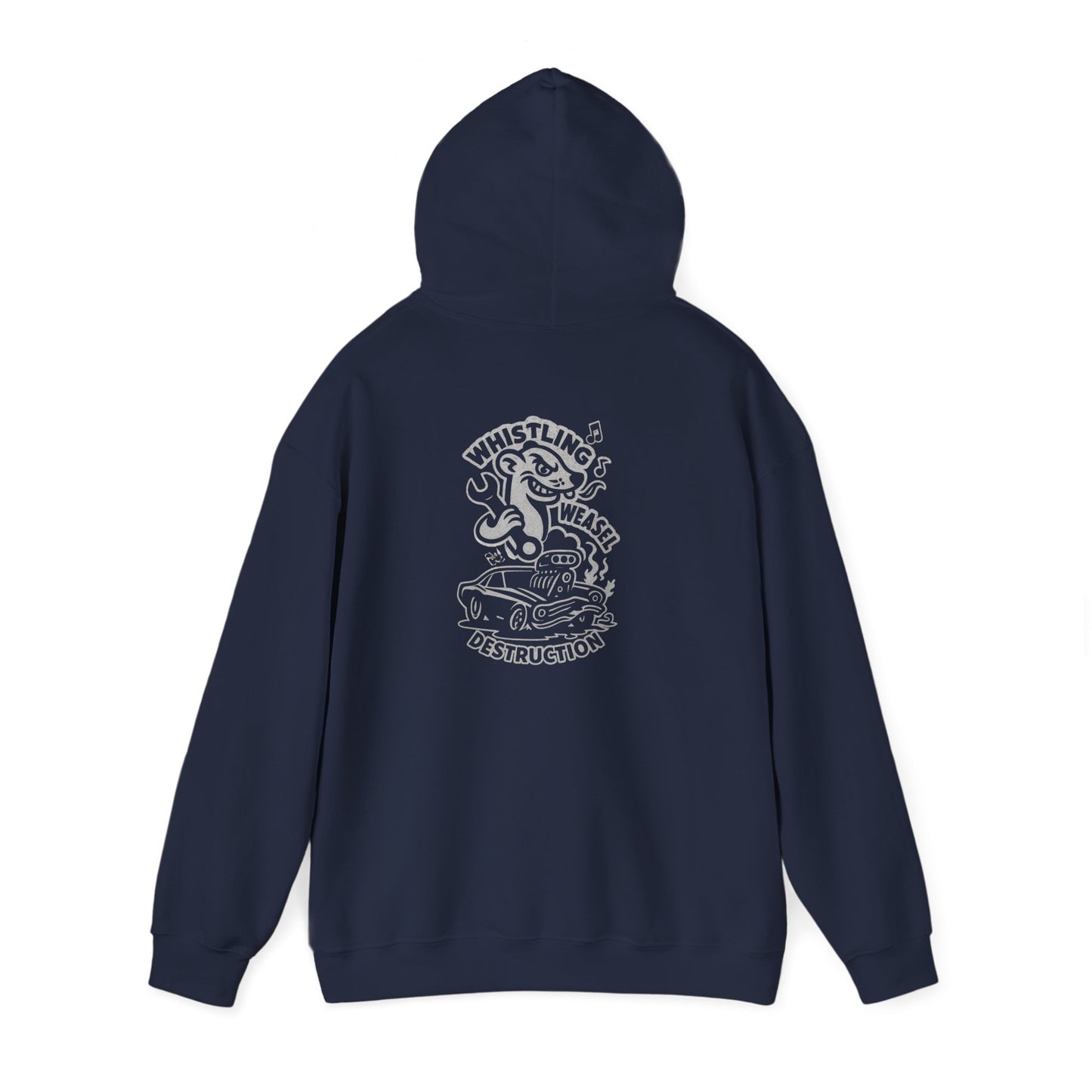 Flat lay of navy Gildan 18500 hoodie displaying large white back graphic with cartoon weasel and flaming car engine. Designed for motorsport fans.
