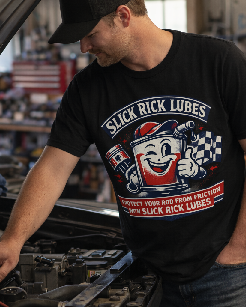 Black Slick Rick Lubes drag racing t shirt worn while working on muscle car in garage