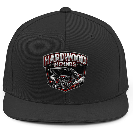 Black cap with 'Hardwood Hoods' logo on a white background