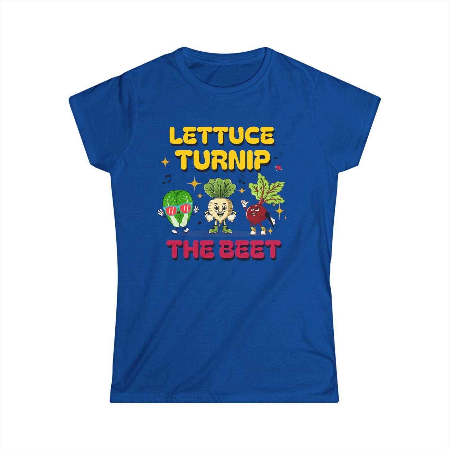 Blue t-shirt with colorful vegetable-themed design with text 'Lettuce Turnip the Beet' on a white background