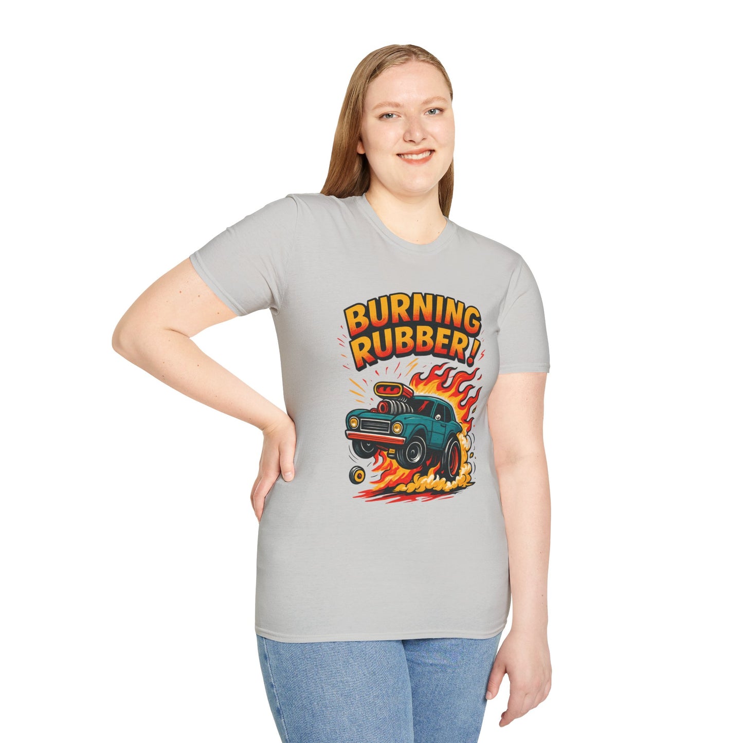 Person wearing a gray t-shirt with 'Burning Rubber!' graphic design on a white background
