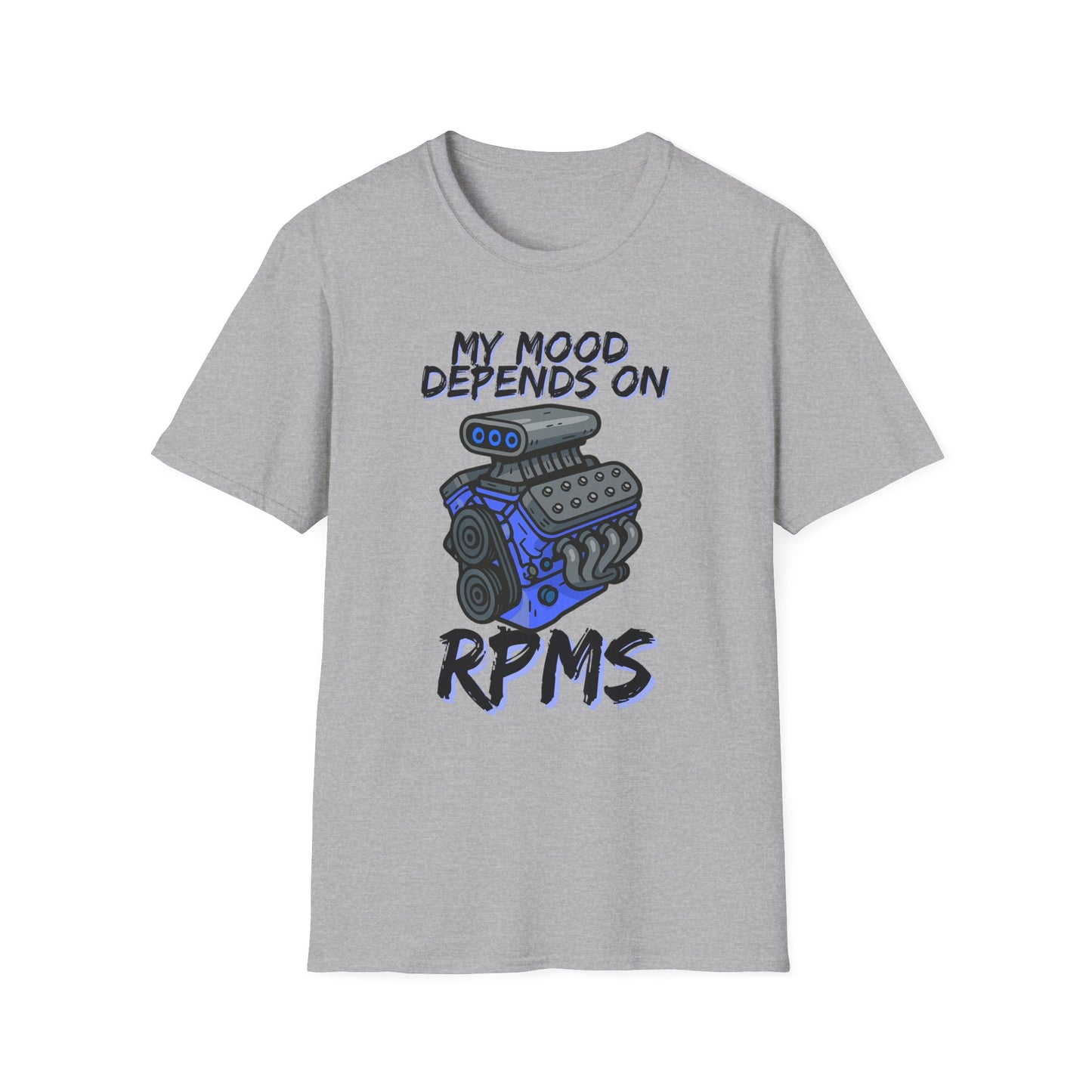 Gray t-shirt with a graphic and text 'My mood depends on RPMs' on a white background
