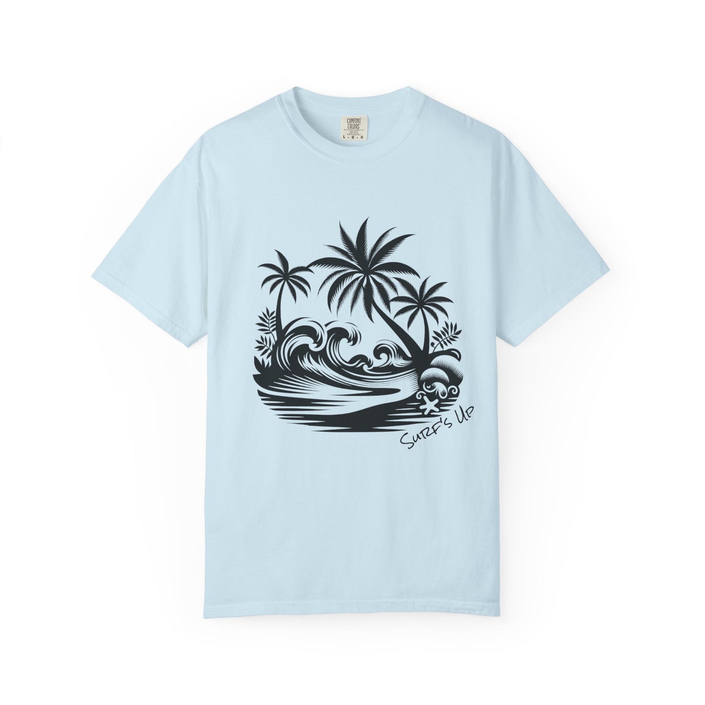 Light blue t-shirt with black palm tree and wave design on a white background