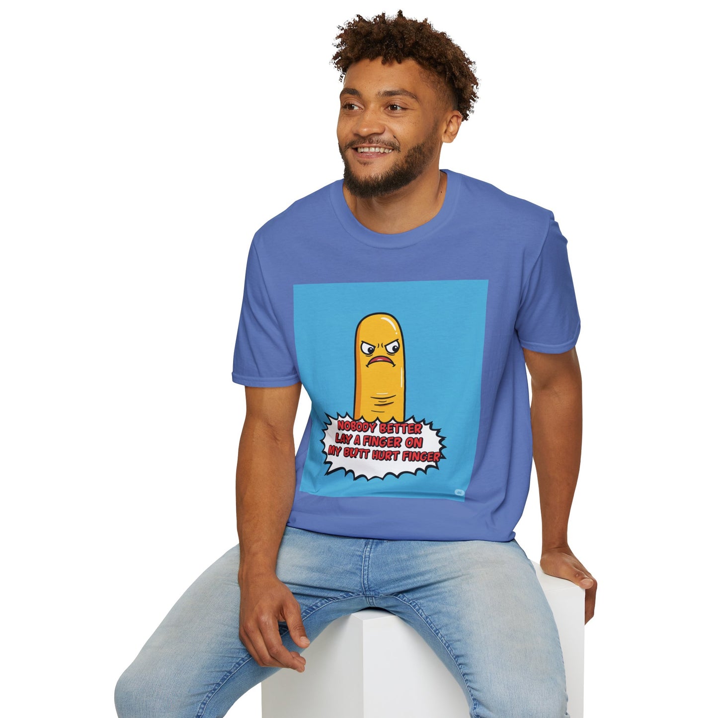Man wearing a blue t-shirt with a cartoon character and text 'Nobody better lay a finger on my butt hurt finger' on a white background