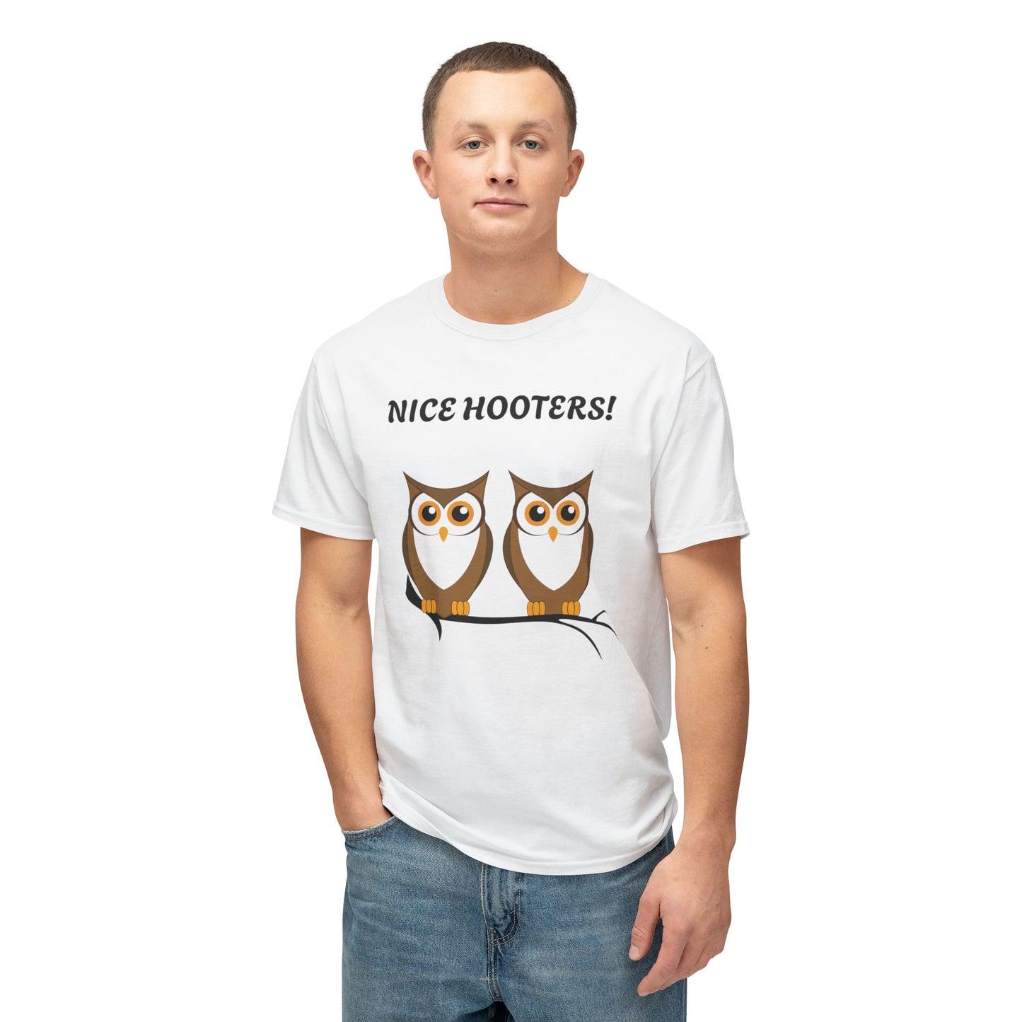 Person wearing a white t-shirt with owls and text 'Nice Hooters!' on a white background