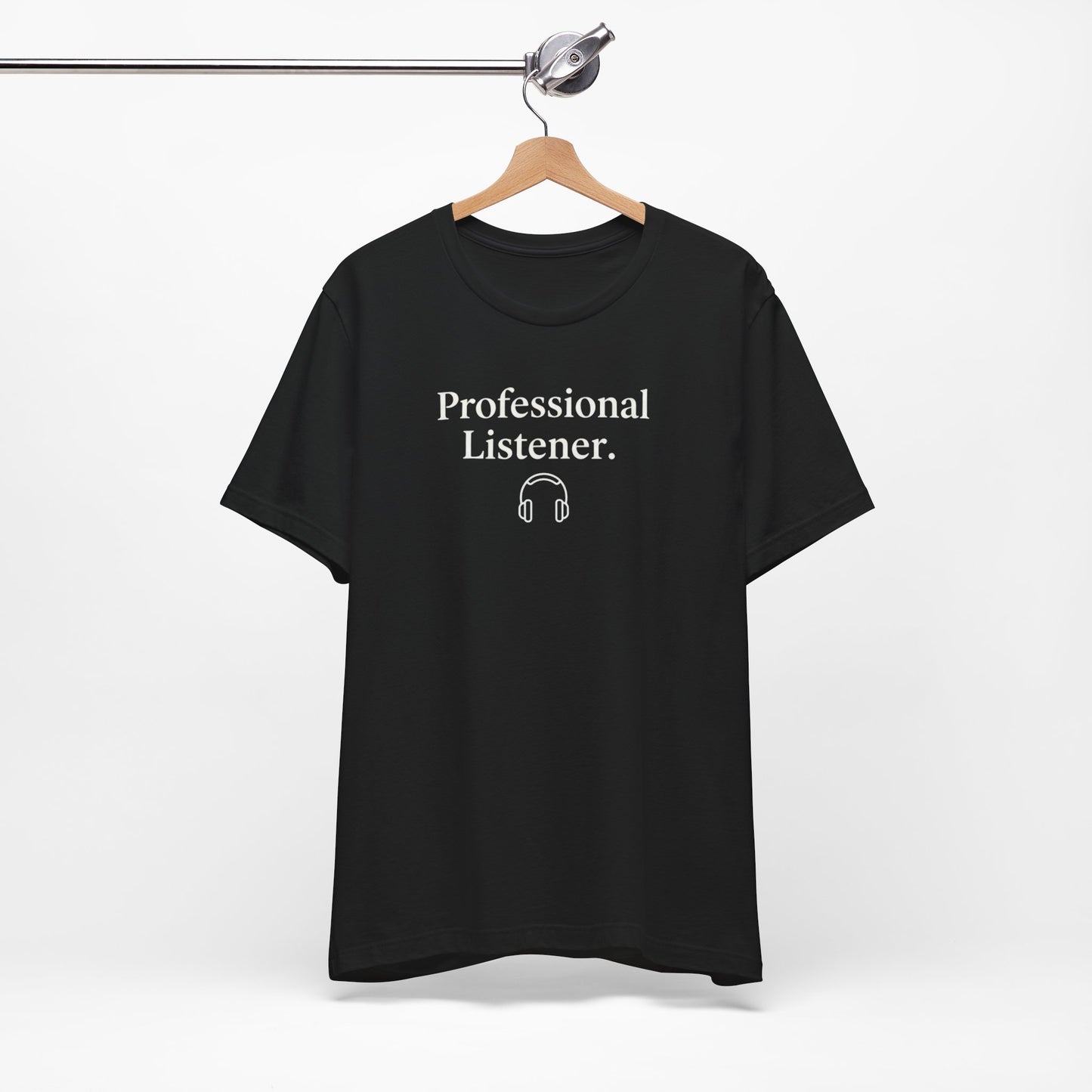 Black t-shirt with 'Professional Listener' text on a hanger against a white background