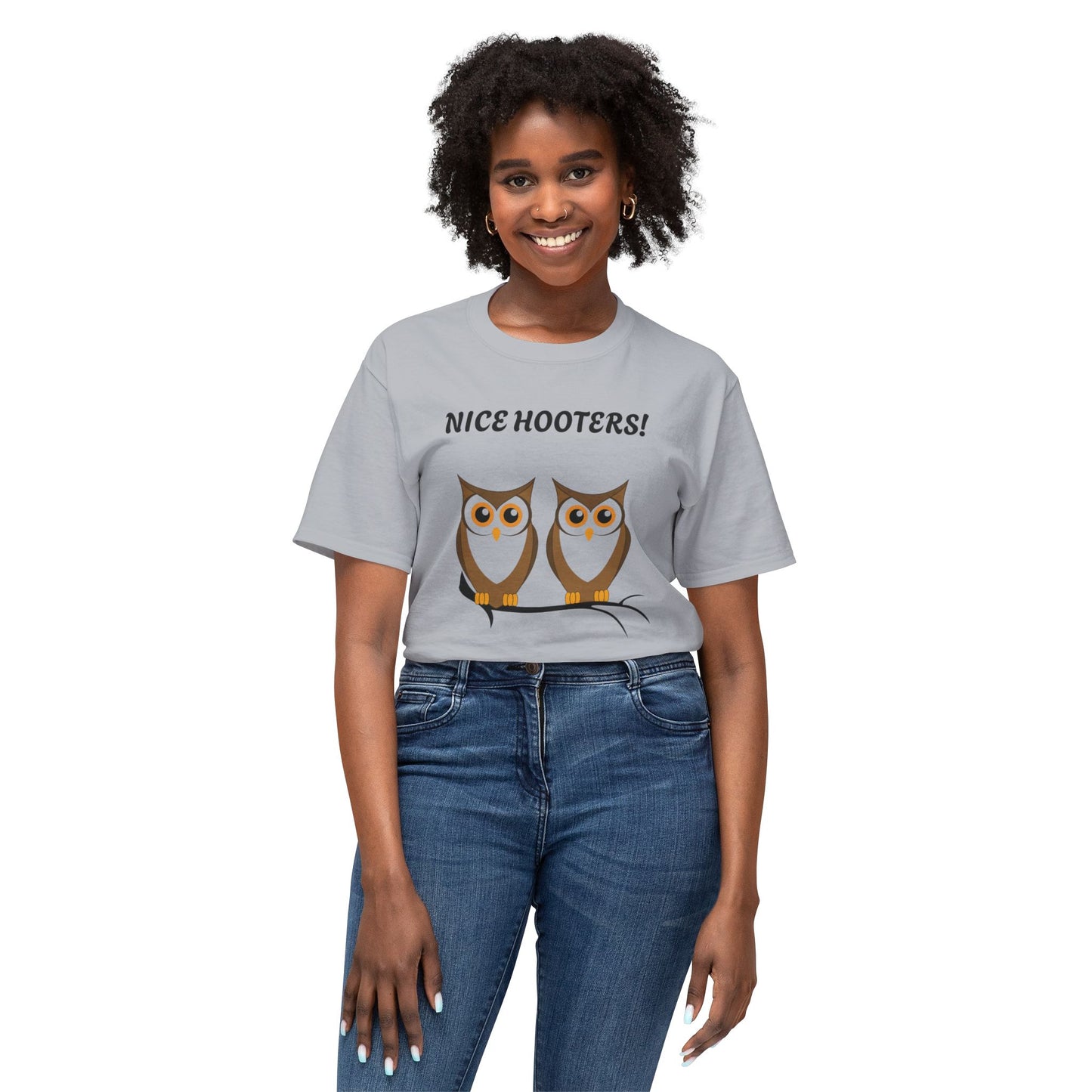 Woman wearing a gray t-shirt with owls and text 'Nice Hooters!', standing against a white background