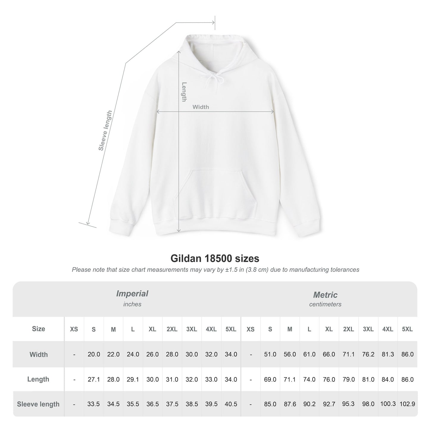 Sick Puke Tank hoodie size chart - Gildan 18500 sizing guide with measurements