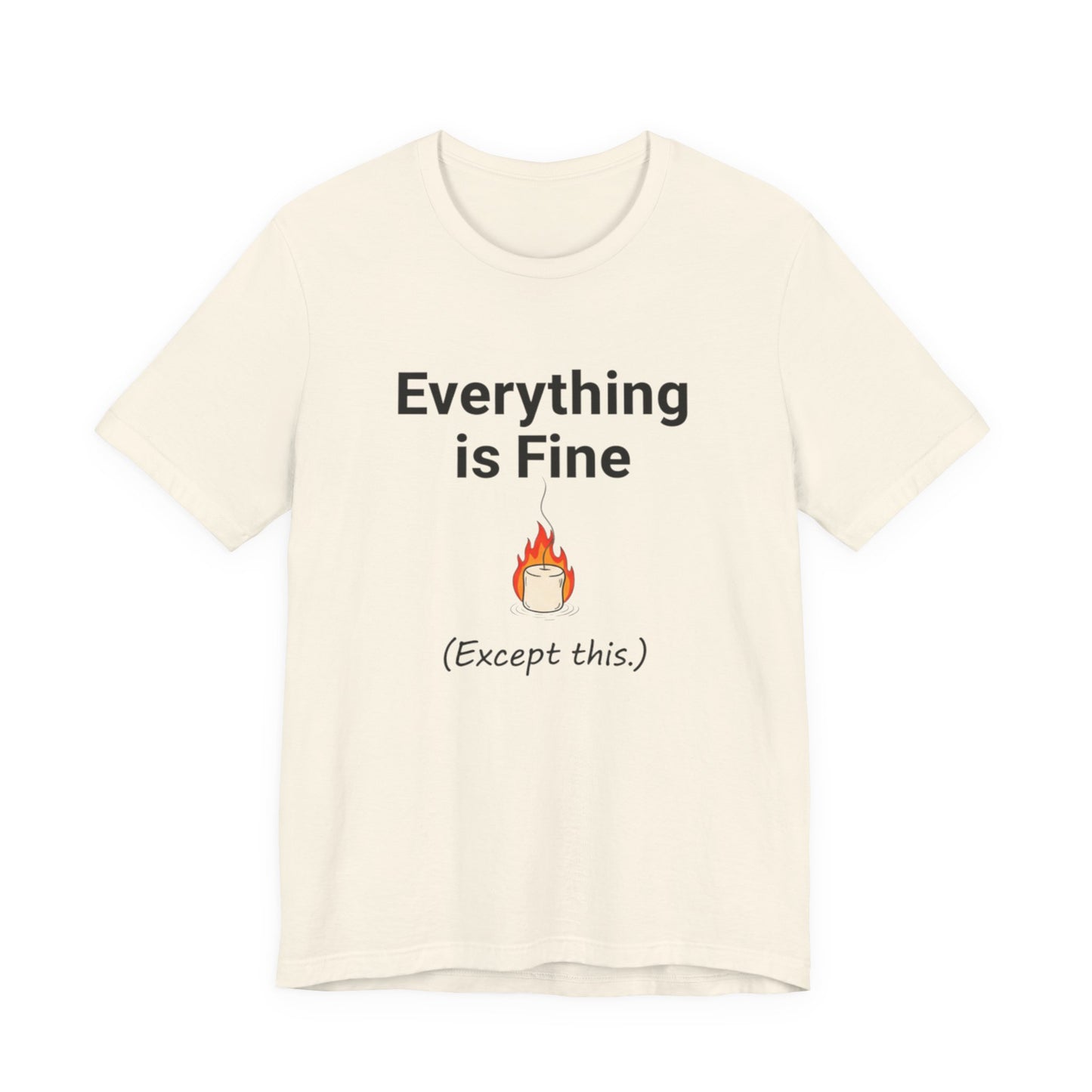 Beige t-shirt with text 'Everything is Fine (Except this)' on a white background